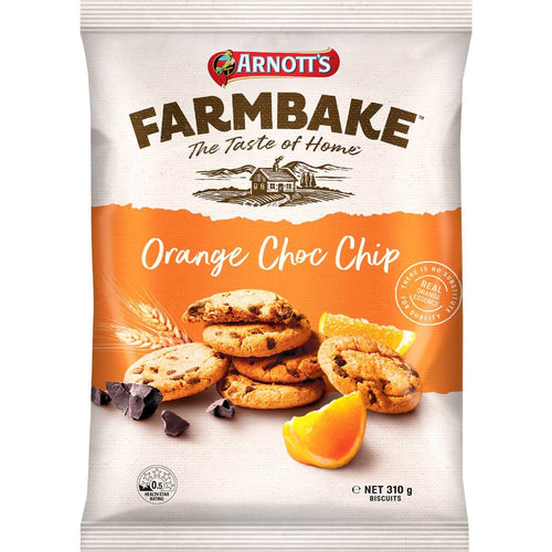 A 310g pack of Arnotts Farmbake Orange Chocolate Chip Cookies showing golden-baked cookies with chocolate chips and orange zest.