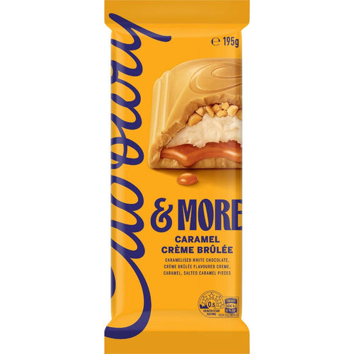 Cadbury More Creme Brulee milk chocolate block with a creamy custard flavored center, caramel sauce, and crunchy sugar pieces from New Zealand.