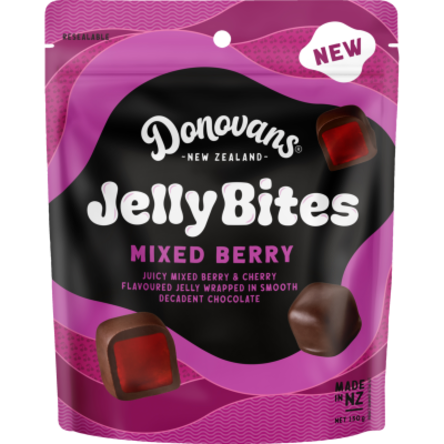 Donovans Jelly Bites Black Forest 130g resealable bag of premium New Zealand chocolate covered fruit flavored jellies