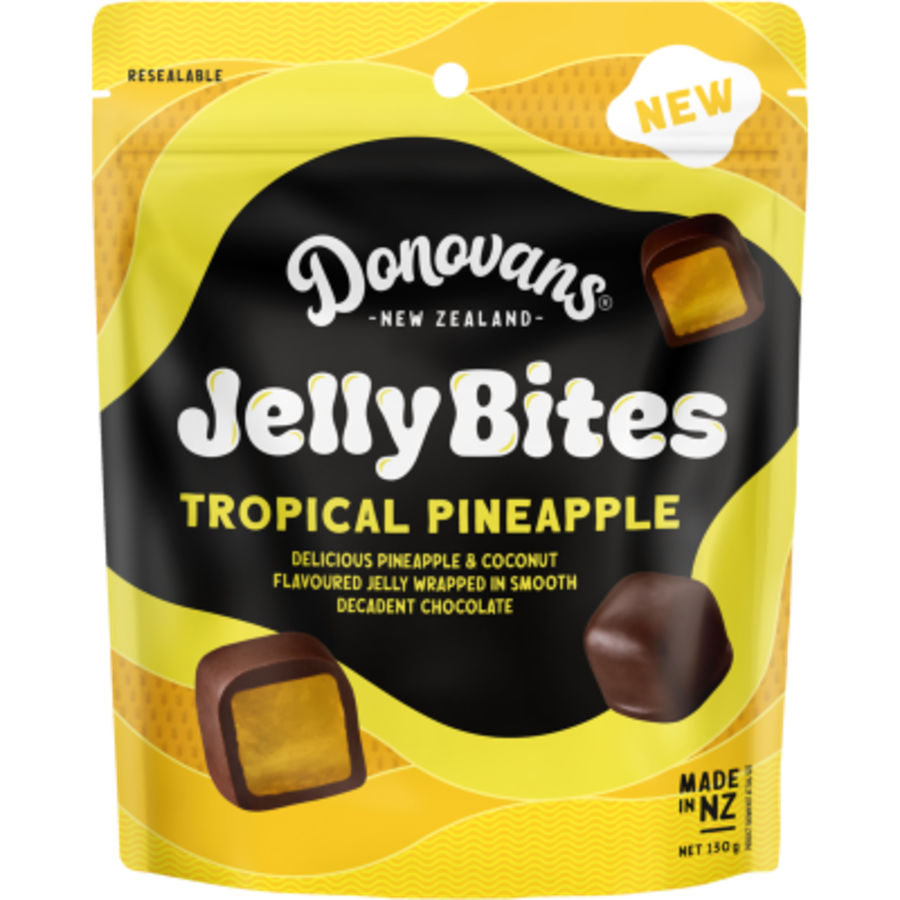 Donovans Jelly Bites Tropical Pineapple 130g resealable bag of premium New Zealand chocolate covered pineapple and coconut flavored jellies