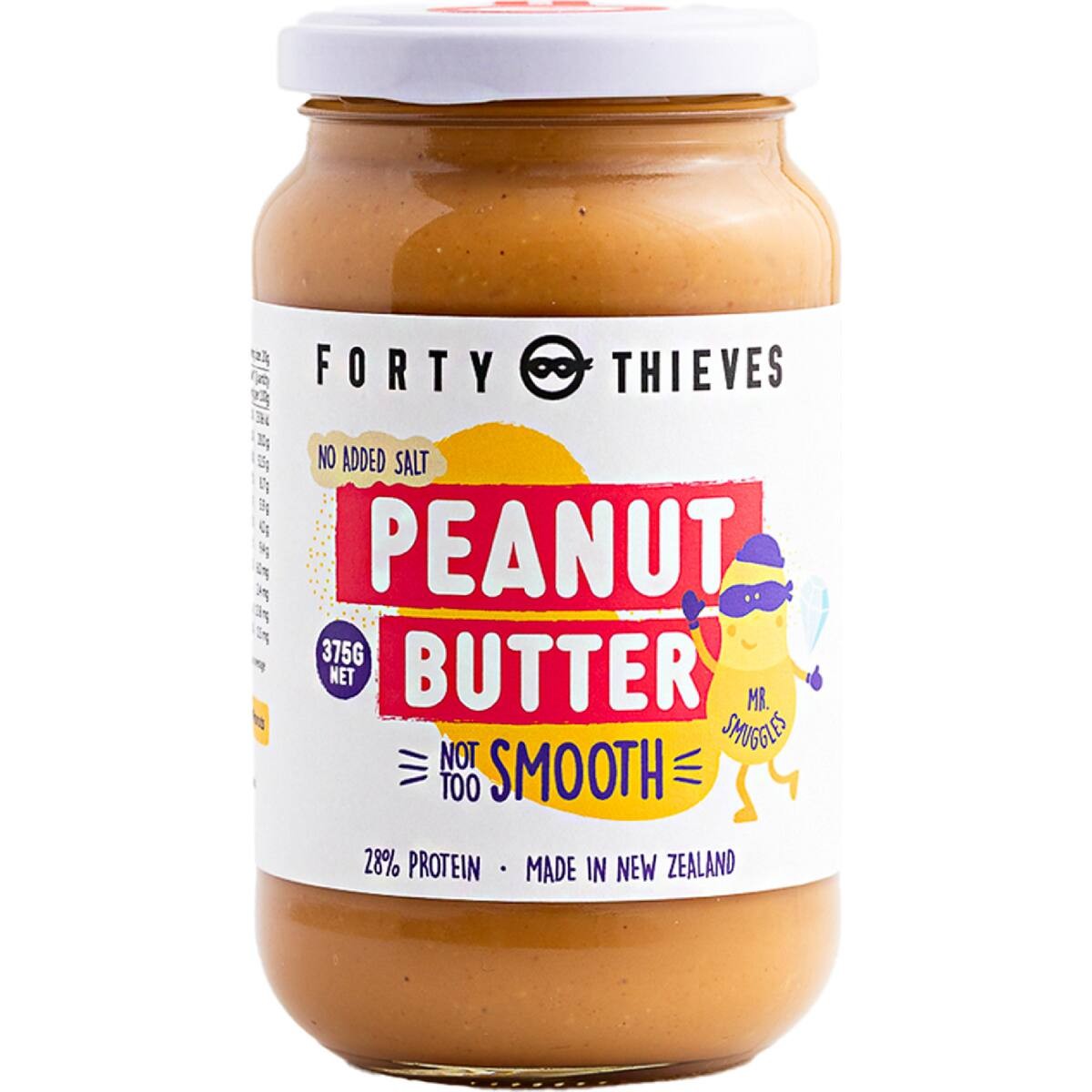 375g jar of Forty Thieves Smooth Peanut Butter made from hi-oleic peanuts in New Zealand.