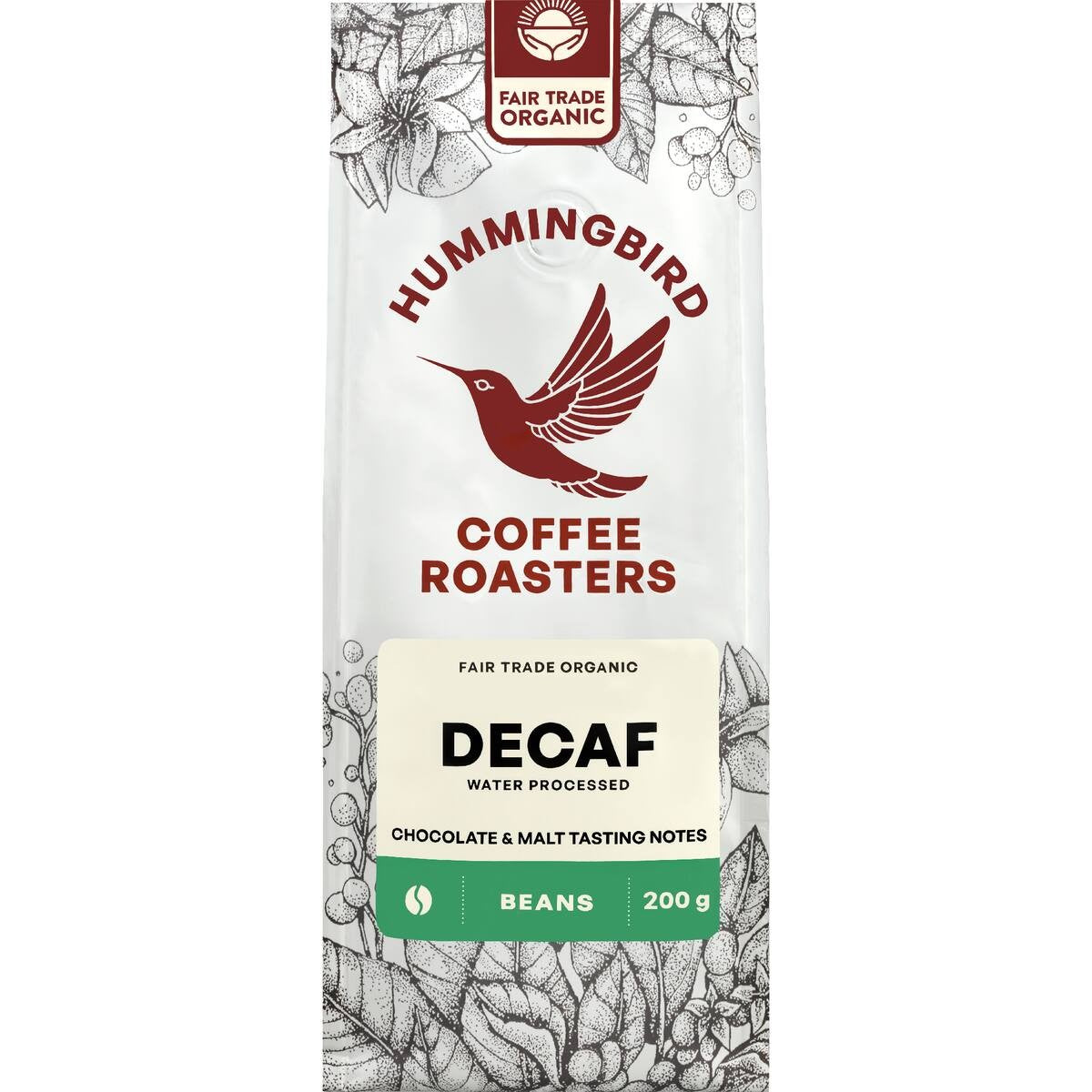 Hummingbird Coffee Decaf 200g bag of whole beans organic and fair trade certified from New Zealand