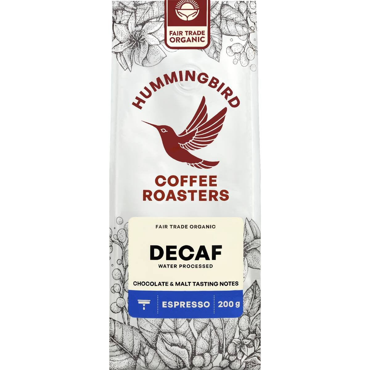 Hummingbird Coffee Espresso Decaf 200g bag of ground organic fair trade coffee from New Zealand