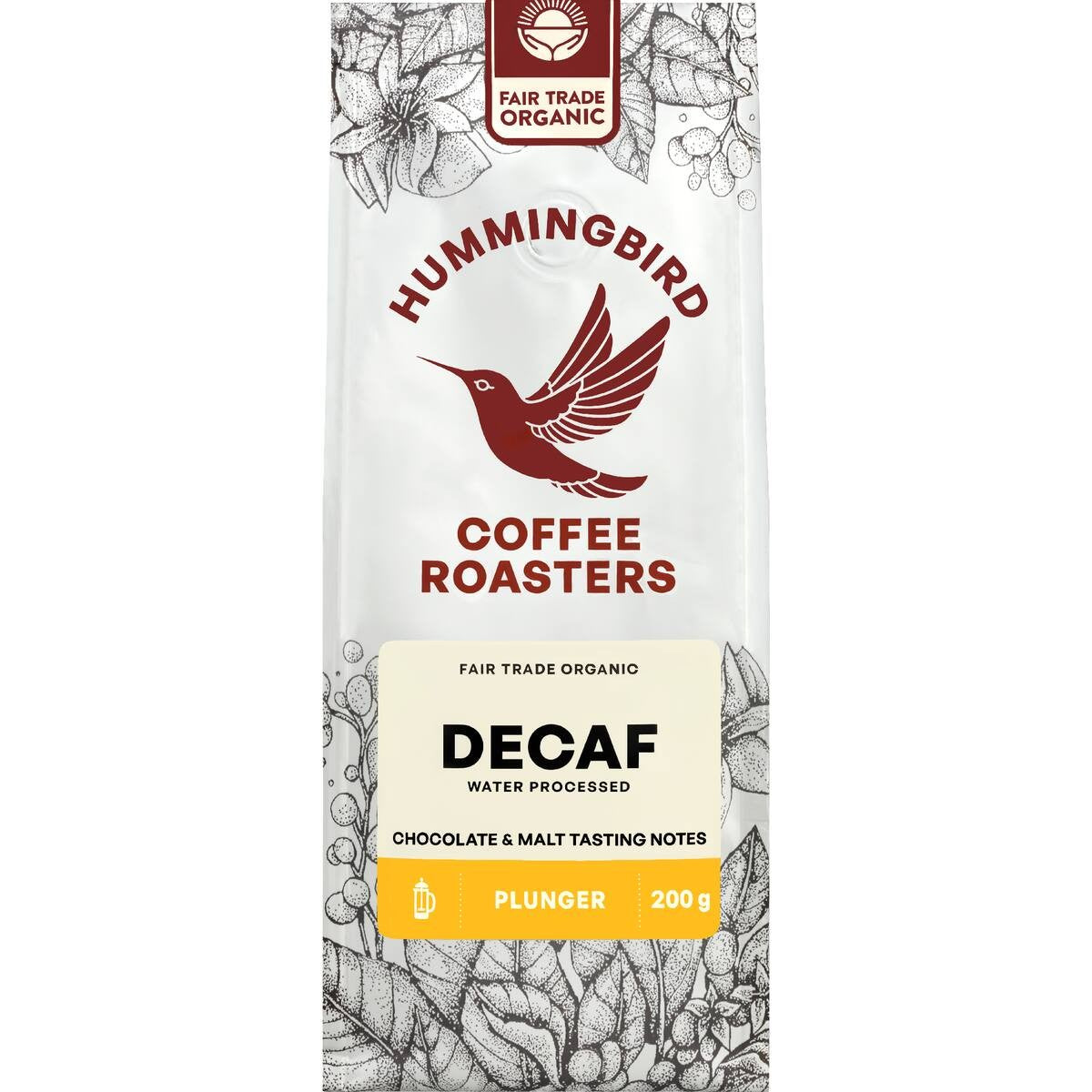 Hummingbird Coffee Plunger Decaf 200g bag of ground organic fair trade coffee from New Zealand
