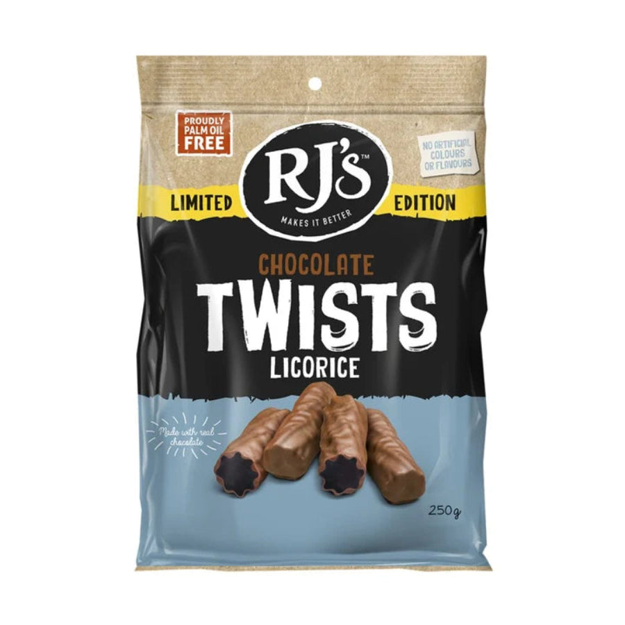 RJs Licorice Chocolate Coated Twists 250g