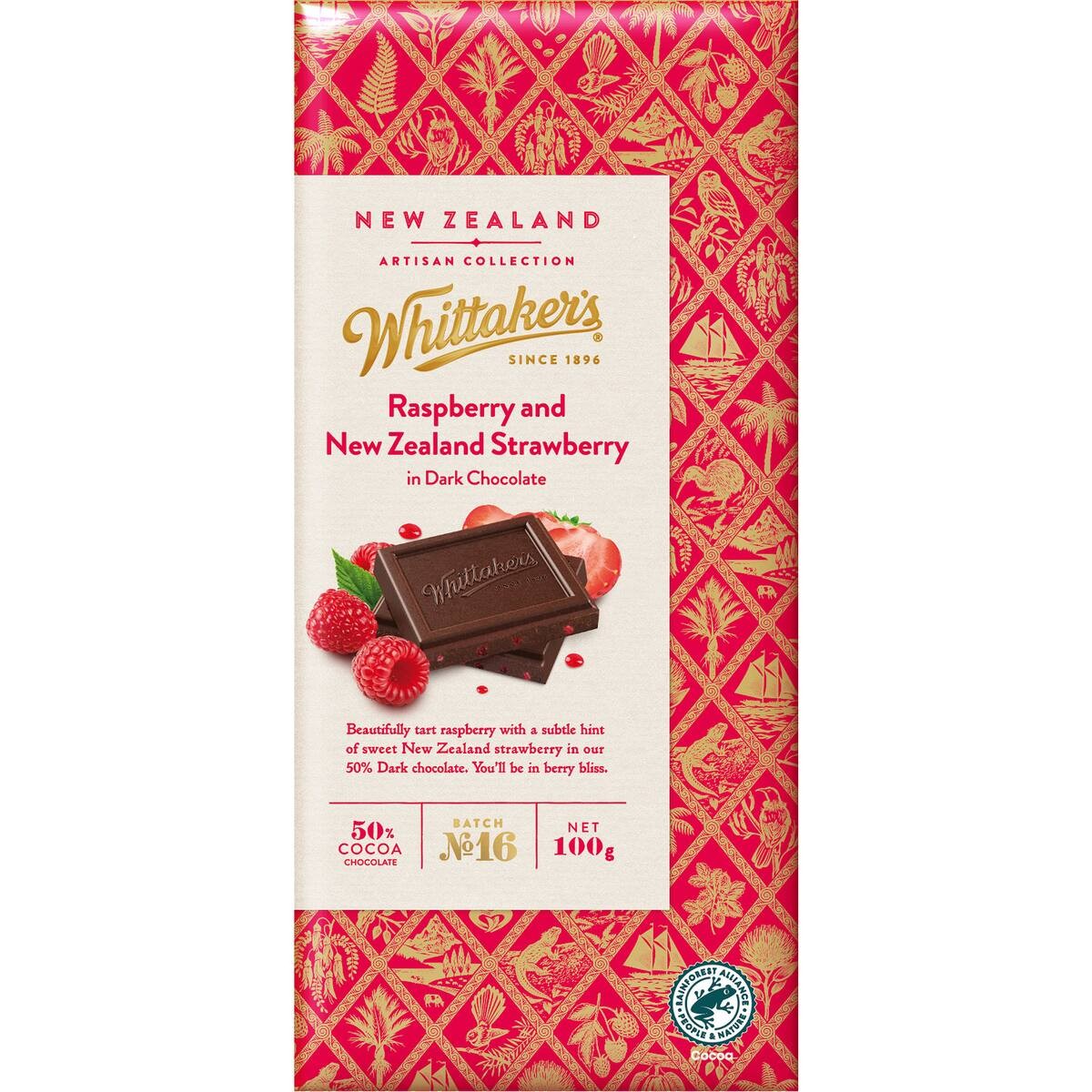 Whittakers Artisan Raspberry and NZ Strawberry Dark chocolate 100g