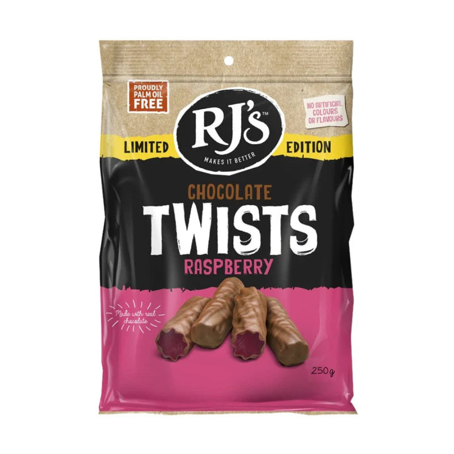 RJs Licorice Raspberry Chocolate Coated Twists 250g