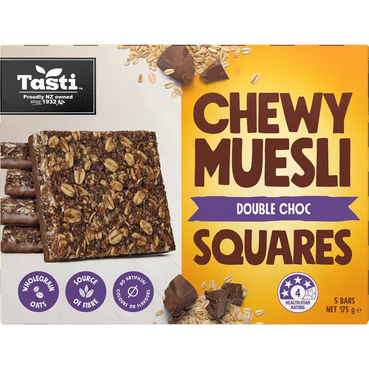 Tasti Chewy Muesli Squares Double Choc 5 pack of nut free school lunchbox friendly oaty snack bars from New Zealand