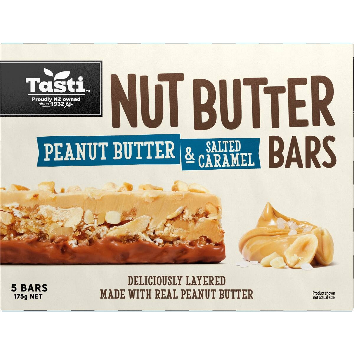 Tasti Nut Bars Peanut Butter and Salted Caramel 5 pack of crunchy Kiwi snack bars from New Zealand