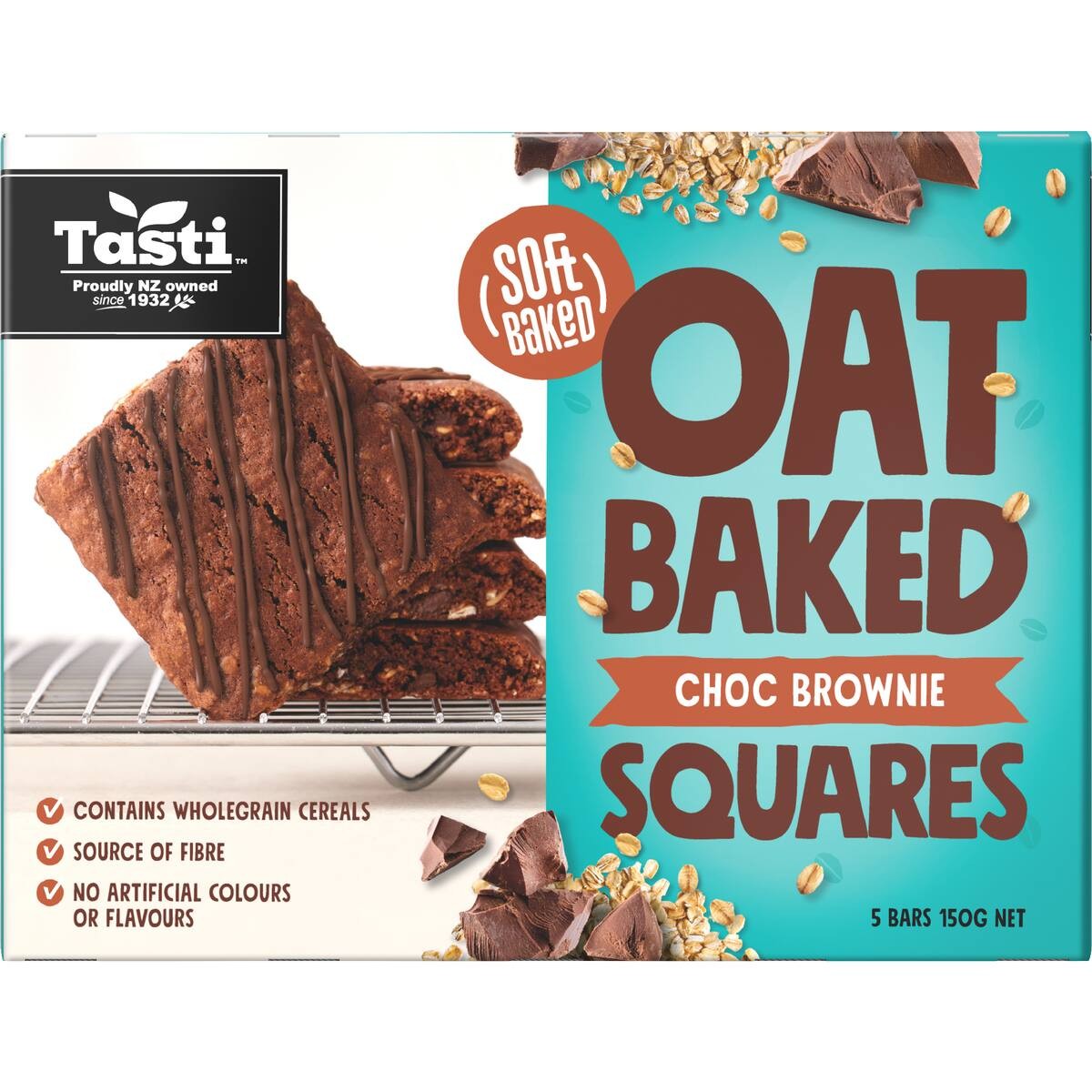 Tasti Oat Baked Squares Choc Brownie 5 pack of soft oven baked school lunchbox friendly oaty snack bars from New Zealand