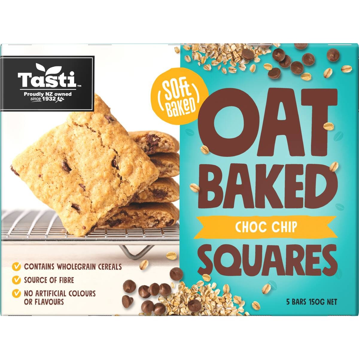 Tasti Oat Baked Squares Choc Chip 5 pack of soft oven baked school lunchbox friendly oaty snack bars from New Zealand