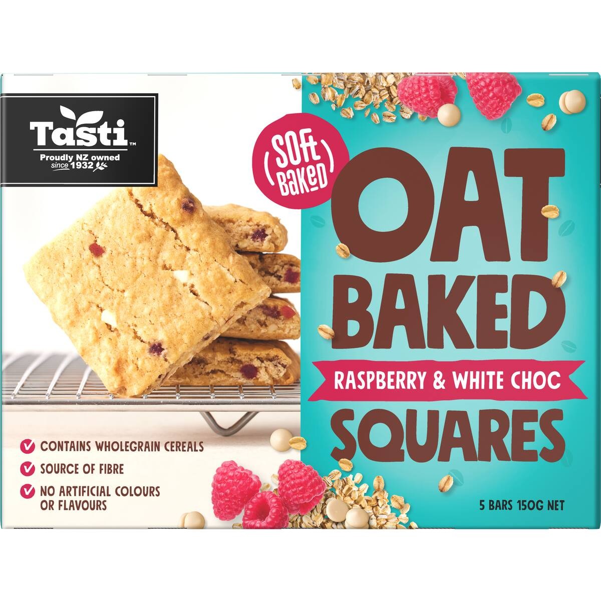 Tasti Oat Baked Squares Raspberry and White Choc 5 pack of soft oven baked school lunchbox friendly oaty snack bars from New Zealand