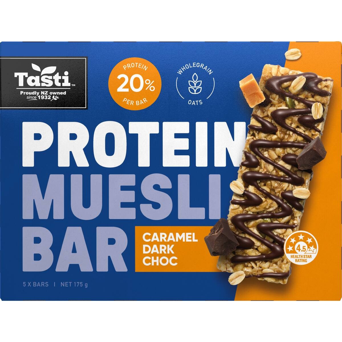 Tasti Protein Muesli Bars Caramel Dark Choc 5 pack of high protein Kiwi snack bars from New Zealand