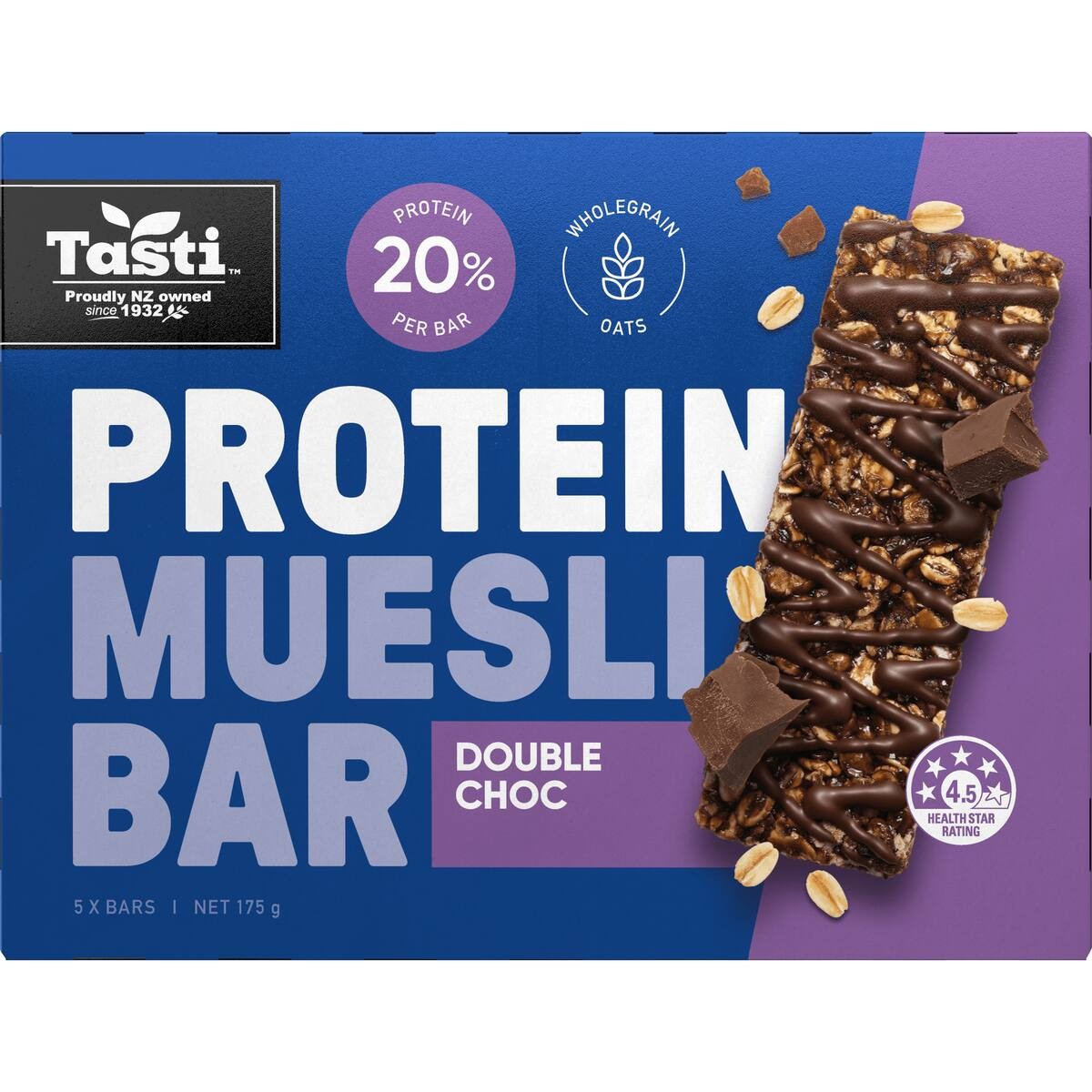 Tasti Protein Muesli Bars Double Choc 5 pack of high protein Kiwi snack bars from New Zealand