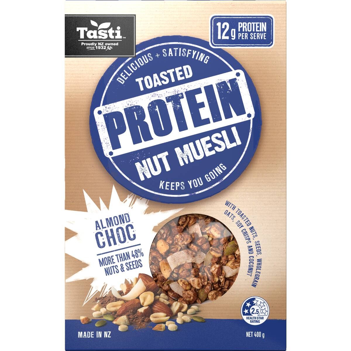 Tasti Toasted Protein Nut Muesli Almond Choc 400g box of high protein crispy breakfast cereal from New Zealand