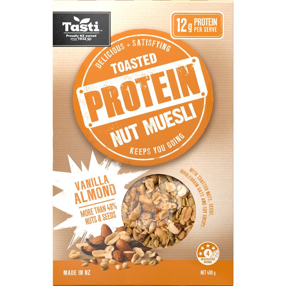 Tasti Toasted Protein Nut Muesli Vanilla Almond 400g box of high protein crispy breakfast cereal from New Zealand